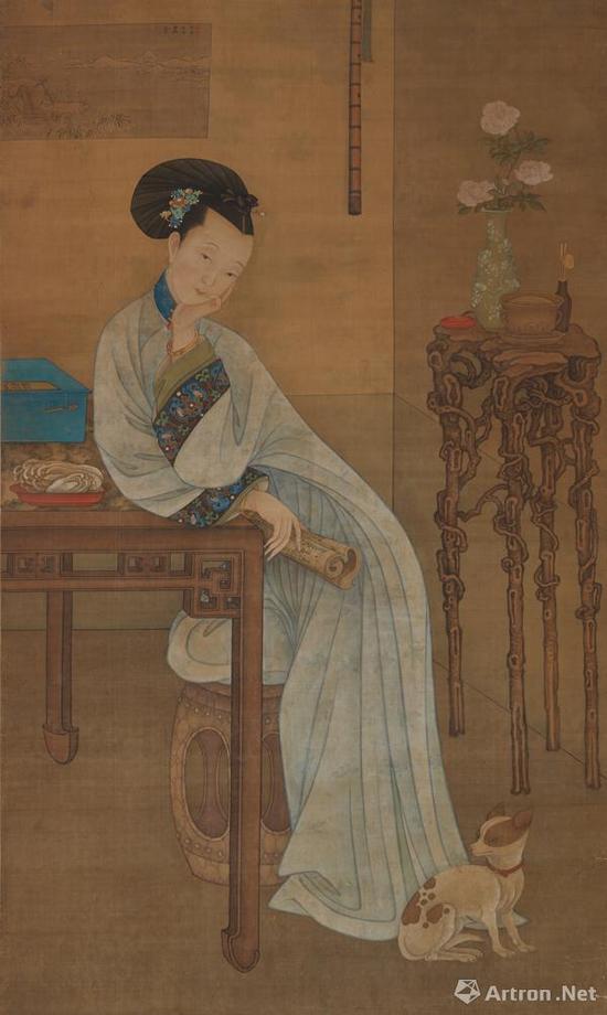 《春闺卷读图》 清 冷枚　绢本设色 175cm×105cm 天津博物馆藏