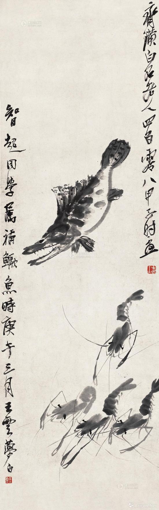 王梦白、齐白石《鱼虾》109×33.7cm 1924年作、1930年作