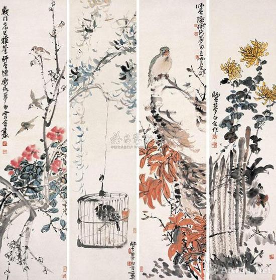 王梦白、陈师曾《花鸟 四屏立轴》设色纸本 139×33cm