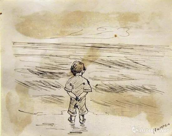 这张作品是爱德华·霍普（Edward Hopper）在1891年10月23日的三年级报告卡背后画的，艺术家当时是9岁“高龄”。