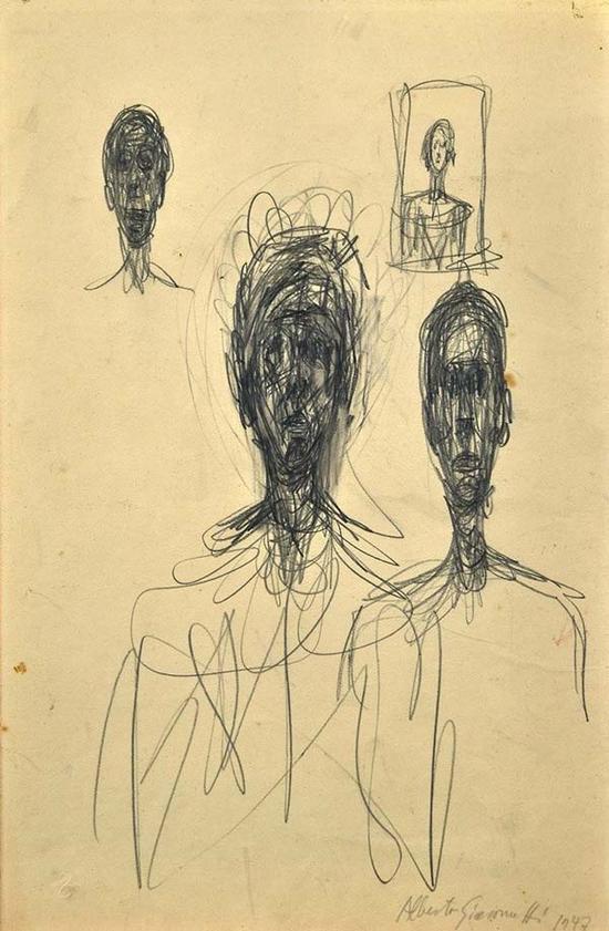 正面：贾科梅蒂，《人像习作4幅》，1947年