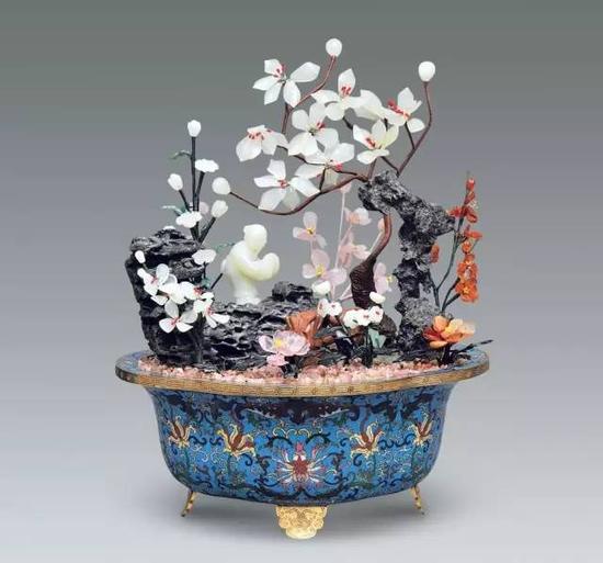 掐丝珐琅嵌百宝米芾拜石盆景，清，高34cm。