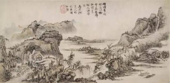 清·石溪《山水册》（之二），纸本设色，31.8×65厘米，大英博物馆藏