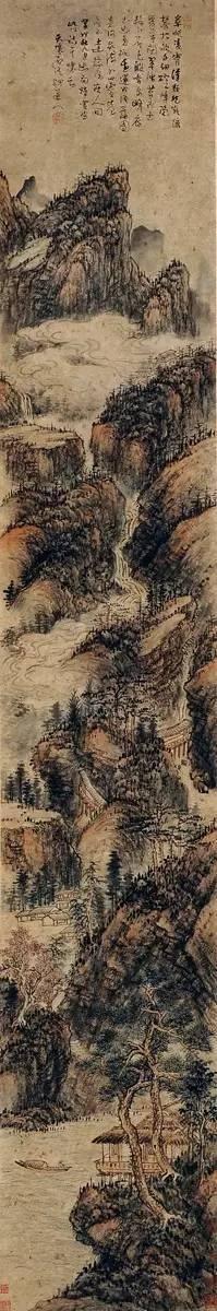 清·石溪《崒屼凌霄图》，纸本设色，230x38厘米，岭南微珍园藏