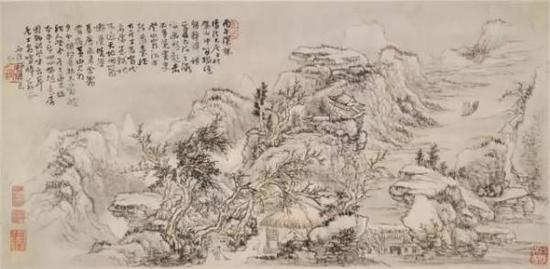 清·石溪《山水册》（之一），纸本设色，31.8×65厘米，大英博物馆藏