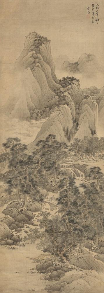 明 蓝瑛《溪桥话旧图》轴 绢本设色 纵172厘米 横61.3厘米 故宫博物院藏