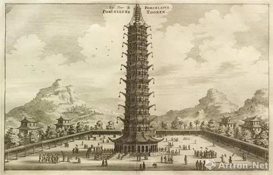 Johan Nieuhof 所画的大报恩寺琉璃塔,1665年,来源:维基百科。