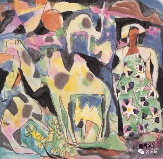 草原落日 宣纸·水墨设色 68X69 1986