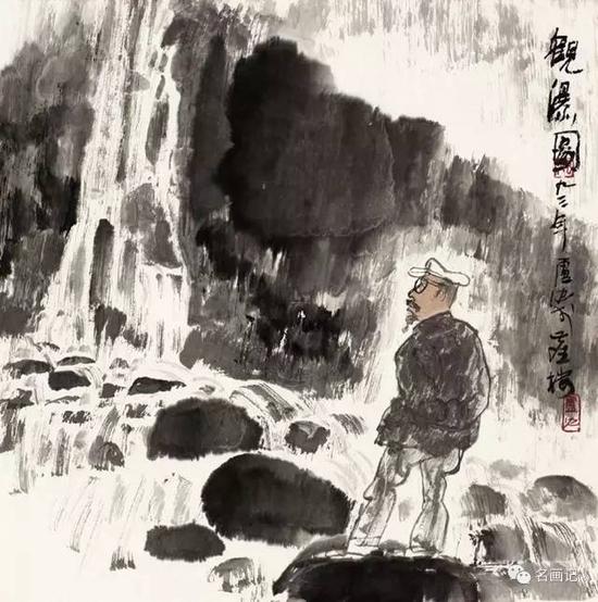 观瀑图 卢沉 宣纸·水墨设色 45cmx45cm 1993年