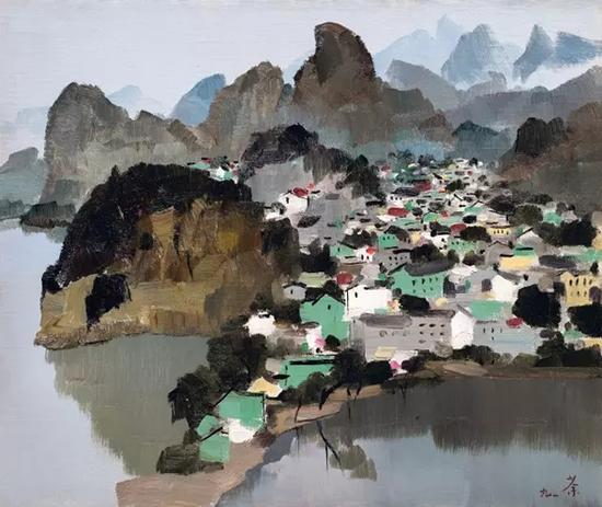 吴冠中 《桂林》 1991 年作 油彩画布裱于木板 44 x 53 cm。 估价：HK$ 15，000，000 - 25，000，000