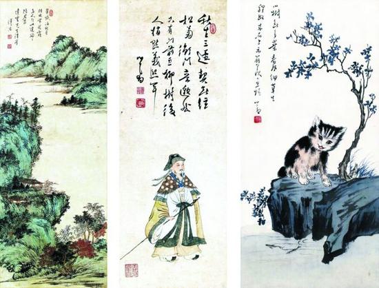 溥心畬|霞林翠巘(左)、五柳先生像(中)、狸奴羨魚(右)