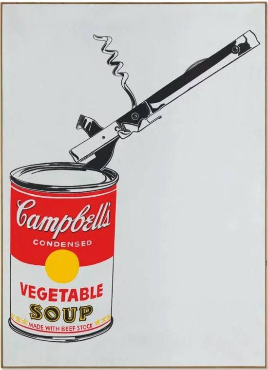 安迪·沃霍尔,《大罐坎贝尔汤罐头和开罐器(蔬菜汤)》(Andy Warhol, Big Campbell‘s Soup Can with CanOpener (Vegetable) ),1962。图片:Courtesy of Christie’s Images Ltd