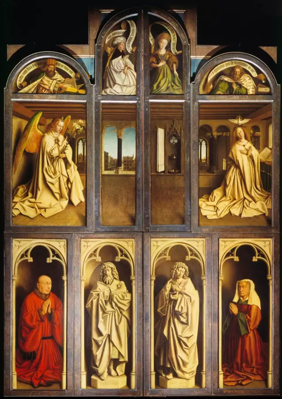 凡·艾克兄弟《根特祭坛画》，1432年，平时祭坛画两翼合拢，只能看见外部的画。