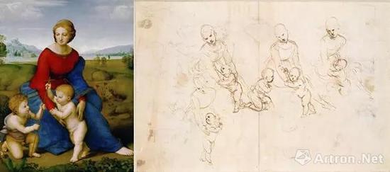▲《草地上的圣母》及草稿,1505 – 1506,拉斐尔