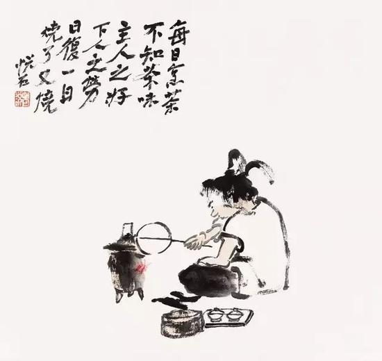 吴悦石 2015年 纸本设色36cm×35cm 童子烹茶图