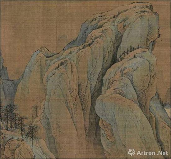 赵伯驹《江山秋色图》卷(故宫博物院藏)的色彩横向结构是：(勾斫+赭石+石绿)-(勾斫+赭石+石青)