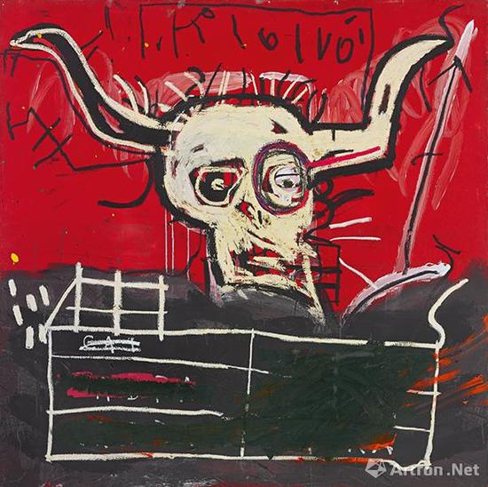 ? 2017 The Estate of Jean-Michel Basquiat / ADAGP， Paris / ARS

　　小野洋子收藏

　　尚·米榭·巴斯奎特《山羊》 艺术家签名、题款并纪年81-82 （背面）

　　压克力彩及油彩棒画布 60 1/4 x 60 1/4 英吋 估价： 900万至1，200万美元
