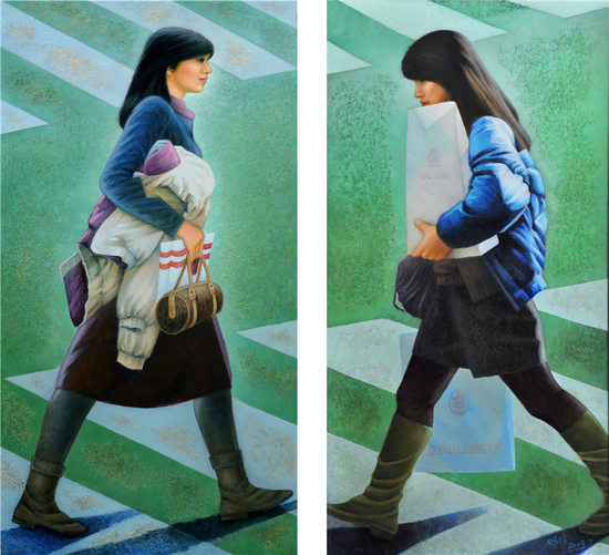 油画《斑马线·女孩》 172×90cm×2