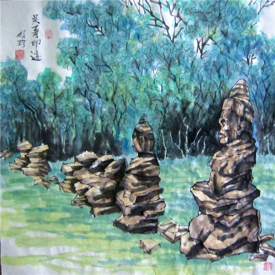 中国画  吴哥印迹  68×68cm