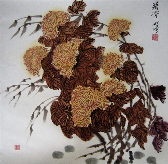 中国画  菊香  68×68cm