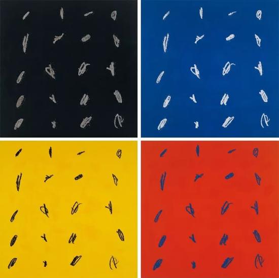 LOT 182叶永青（b.1963）涂点系列（黑蓝黄红）四幅布面油画  1997年200×200×4cmRMB：1，400，000-2，000，000