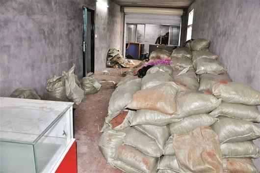 楚天都市报讯 图为:出租屋内回填的盗洞(小图)和挖出的泥土