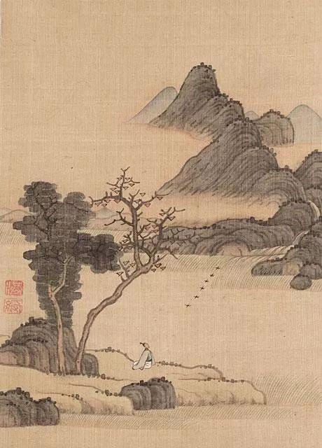 陈洪绶《山水花鸟册页》局部，1630-1632年，BAMPFA藏，高居翰旧藏