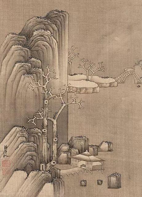 陈洪绶《山水花鸟册页》局部，1630-1632年，BAMPFA藏，高居翰旧藏