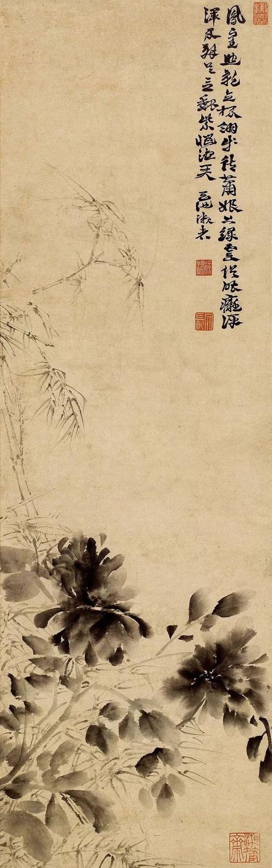 徐渭,《墨竹牡丹图》轴,纸本水墨,立轴,纵106厘米,横32.5厘米