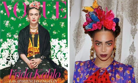 左：弗里达·卡罗于1937年登上了《Vogue》的封面；右：碧昂斯2014年万圣节弗里达·卡罗的装扮