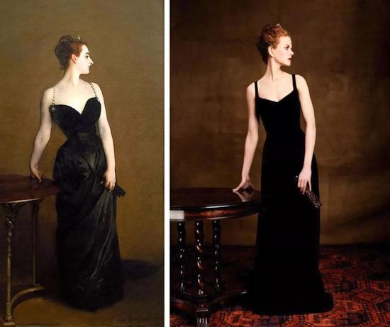 左：约翰·辛格·萨金特，《X 夫人》，约1884；右：妮可·基德曼扮X 夫人
