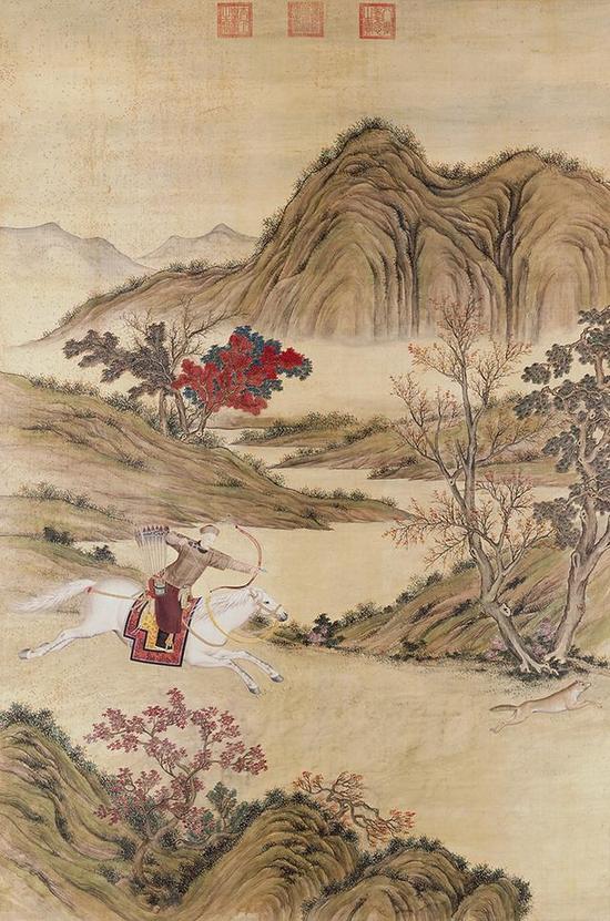 《弘历射狼图像轴》，绢本设色，259×172cm，清，故宫博物院藏