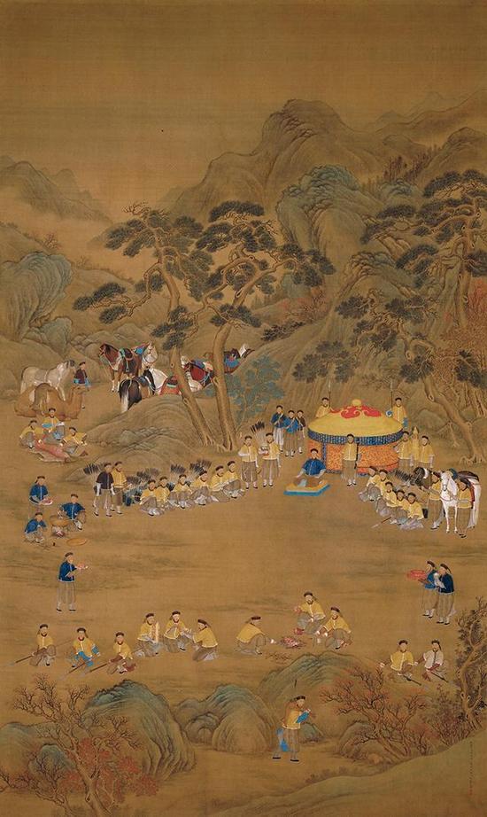 郎世宁《乾隆围猎聚餐图轴》，绢本设色，317.5×190cm，清，故宫博物院藏