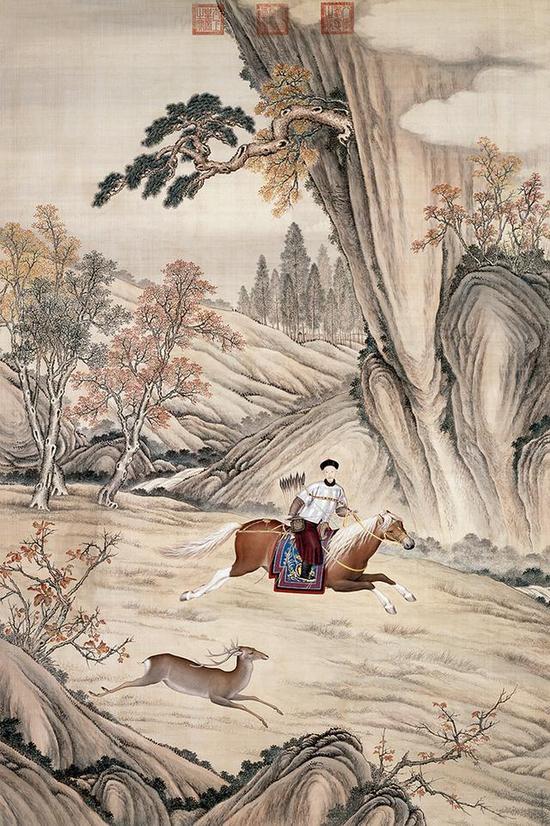 《弘历逐鹿图像轴》，绢本设色，259×171.8cm，清，故宫博物院藏