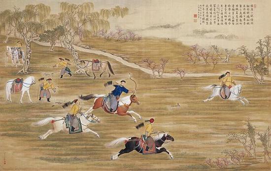 郎世宁《弘历射猎图像轴》，绢本设色，115×181.4cm，清，故宫博物院藏