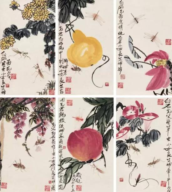 齐白石作草虫;女儿齐良芷2006年补花果