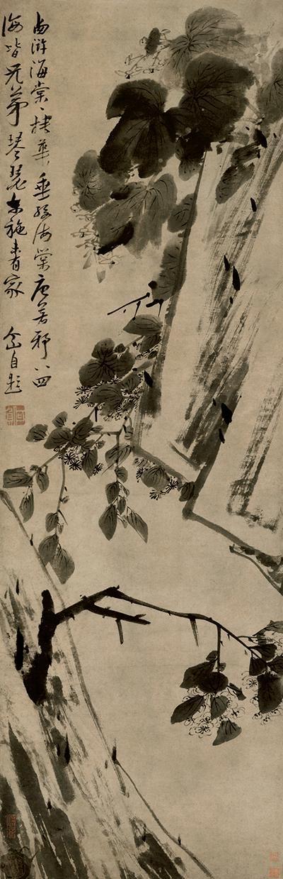 八大山人《海棠春秋图轴》，纸本水墨，154×55cm，清，安徽省博物馆藏