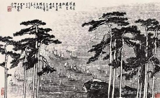 李可染  万里风光万里船 镜心 水墨纸本 1982年作 48×79 cm。