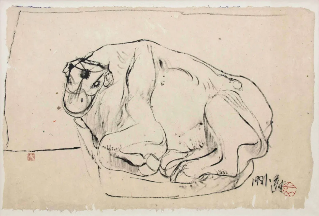 袁运生《霍去病墓石兽》，66x99cm，纸本水墨，1981