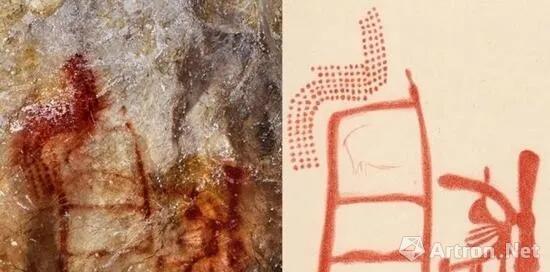在西班牙北部的La Pasiega洞穴中梯子造型的洞穴壁画，右图为专家临摹 图片来源：洛杉矶时报