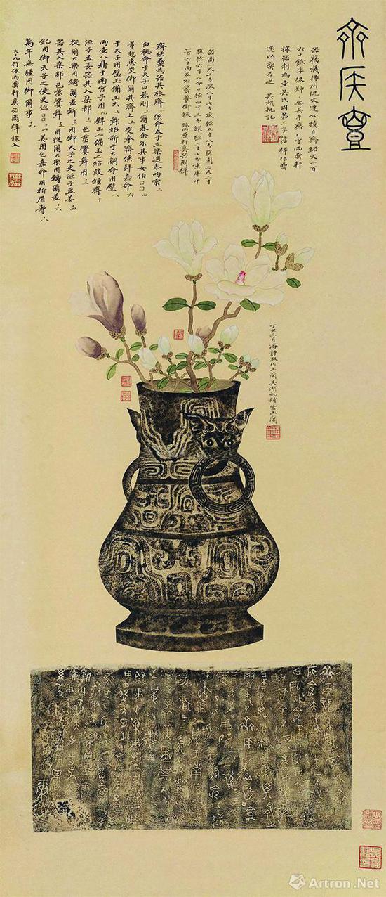 吴湖帆潘静淑《齐侯壶拓片·补玉兰》,成交价1150万元,中贸圣佳2018春拍