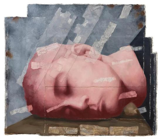 张晓刚,关于睡眠4号,2018,纸本油画、报纸拼贴,137 x 120 cm