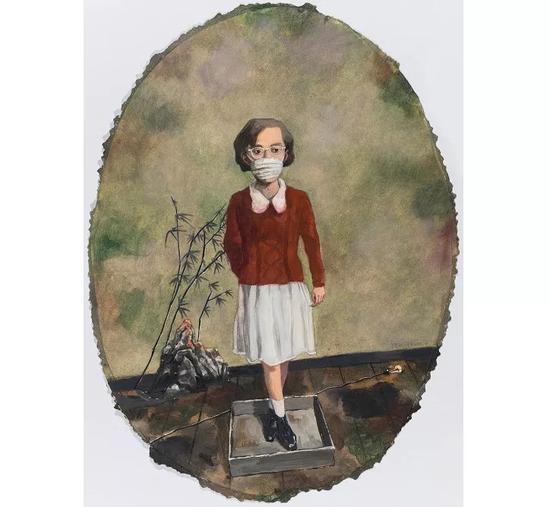 张晓刚，口罩，2015，纸本油画，51 cm × 37.5 cm