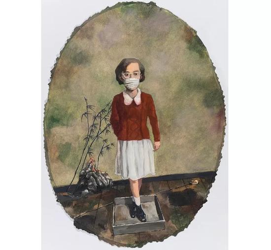 张晓刚,口罩,2015,纸本油画,51 cm × 37.5 cm
