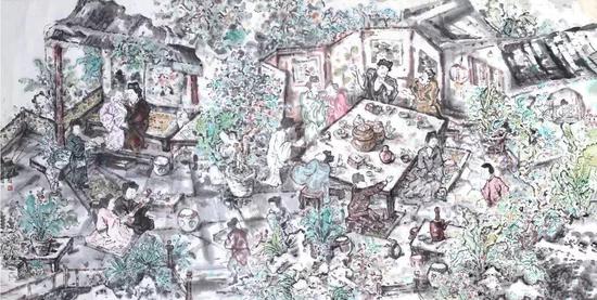 赵盼超《景—人：饮醉翡翠轩》，水墨，122×244cm