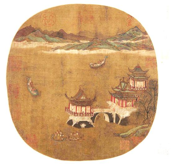 唐 李昭道 《龙舟竞渡图》页，绢本，设色，纵28.5cm，横29.7cm。