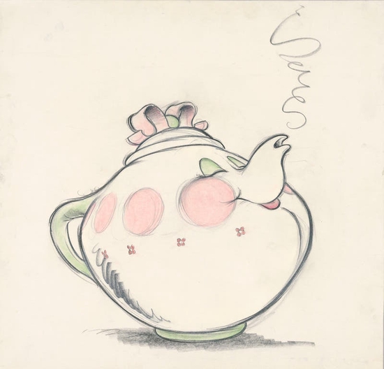 《美女与野兽》中的茶壶设计图，艺术家Chris Sanders借鉴了法国洛可可