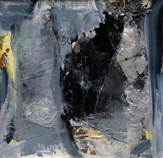 《观念之形-2》 陈自豪 60x60cm   漆、瓦灰、蛋壳、布、木板  2015