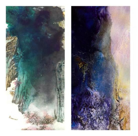 左:张大千《桃源图》彩墨纸本,209x92.2cm,1982年作(版权所有); 右:赵无极《25.06.86桃花源》作品局部