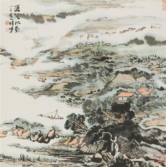 陆俨少 沧江帆影 69cm×69cm 纸本设色 1991